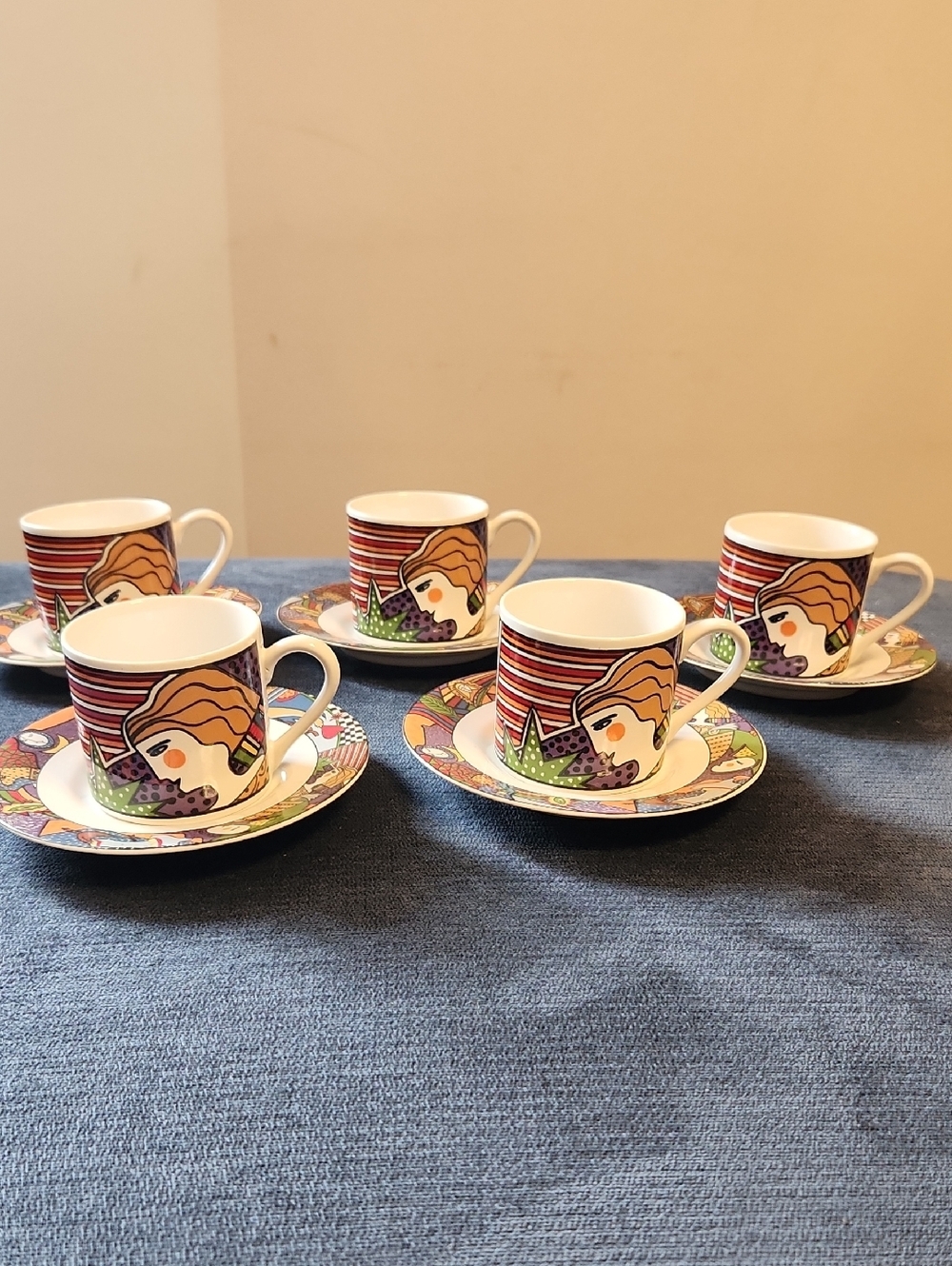 Vintage 1991 Vitromaster  Art-Style Porcelain  Cup and Saucer Set - 5 Pieces